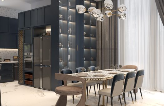 Dining area with statement lighting and elegant furniture